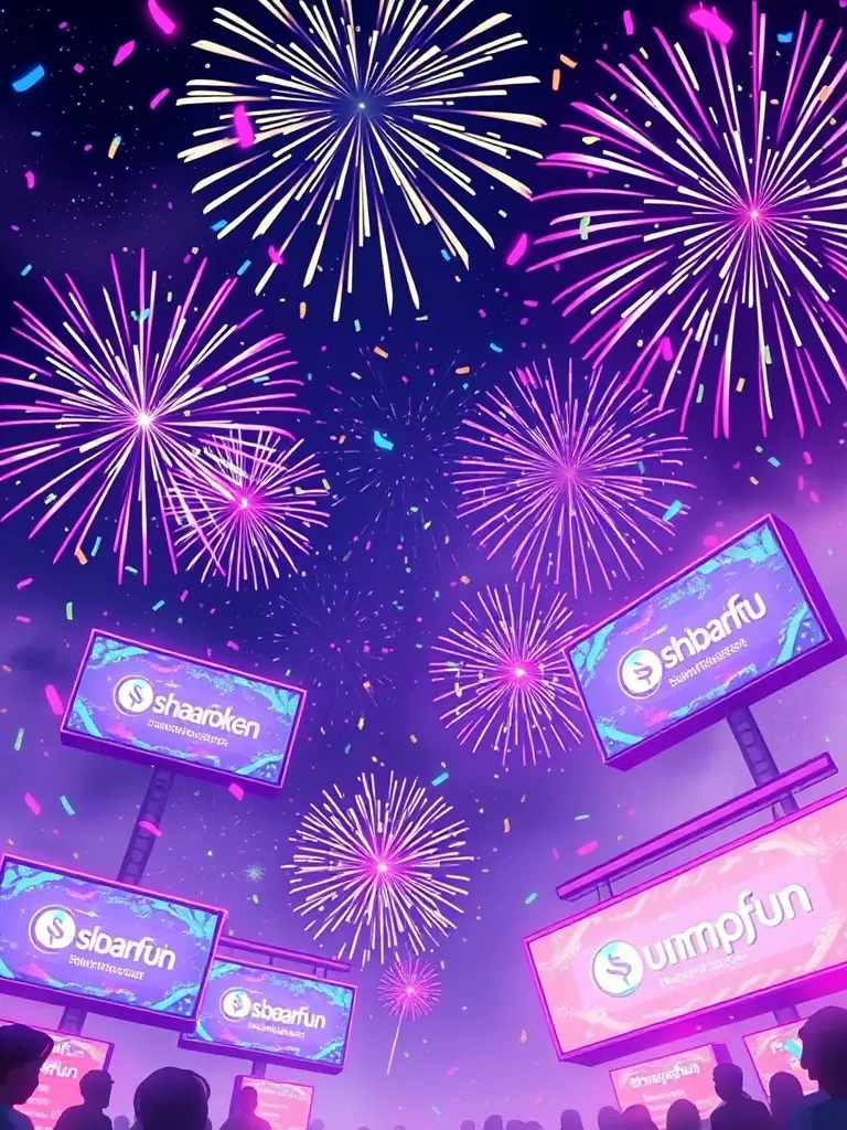 A digital illustration depicting the launch of ShibariToken on Pumpfun, with celebratory elements like fireworks and confetti, symbolizing the successful initial offering.